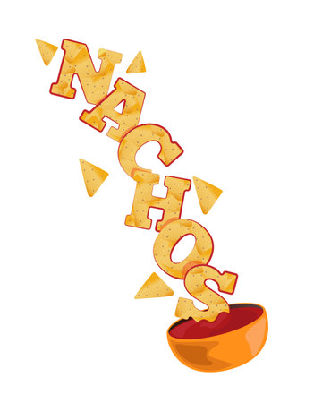 Flying nachos with sauce. Mexican national food. Traditional mexican cuisine illustration. Fast food. street food drawing. Best for restaurant menu and package design, vector illustration.のイラスト素材