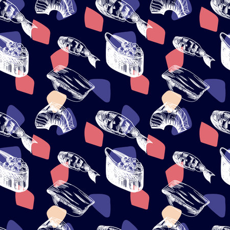 Sketch drawing pattern with black and white sushi. Japanese, asian food design for fashion , fabric, textile, wallpaper and cover. Vector illustration.のイラスト素材
