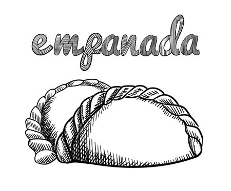 Hand drawn sketch style empanadas. Typical Latin America and Spanish fast food. Vector illustration isolated on white background, best for menu designs, packages.のイラスト素材