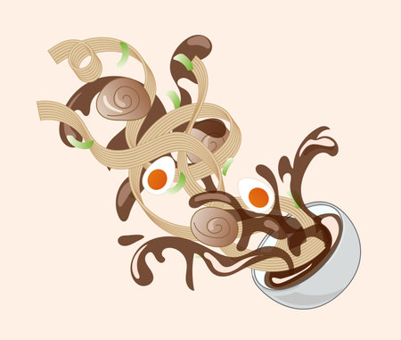 Ramen noodles soup with flying toppings. Japan miso ramen with egg, noodles, meat pork, kamaboko in deep bowl. Flying food ingredients. Japan and Korean traditional soup.のイラスト素材
