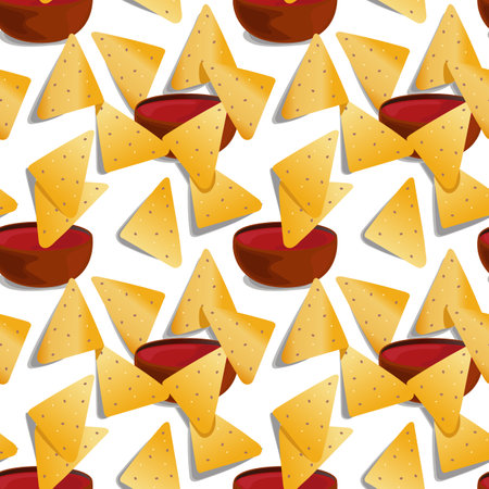 Nachos seamless pattern. Traditional Mexican tasty snack illustration with sauce. cartoon background. Design for fashion , fabric, textile, wallpaper and cover. Vector illustration.のイラスト素材