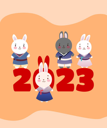 2023 Gyemyo Year New Year's rabbit character Illustration. Family of rabbits with gifts for the new year. postcard. Vector illustration, flat style.のイラスト素材