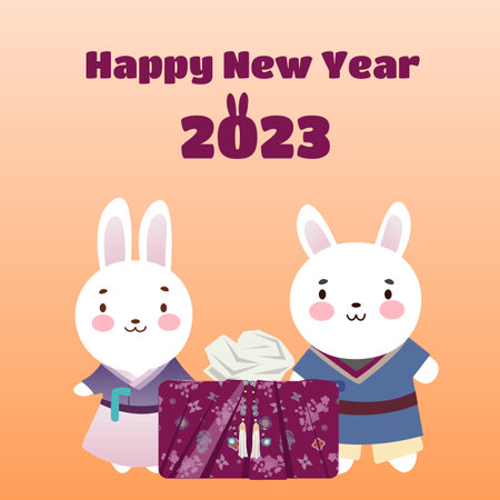 2023 Gyemyo Year New Year's rabbit character Illustration. Family of rabbits with gifts for the new year. postcard. Vector illustration, flat style.のイラスト素材