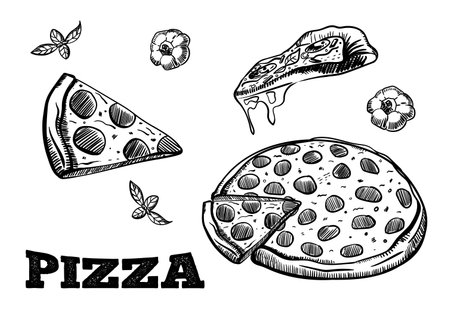 Pizza slice set. Hand drawn sketch style different pizza. Best for menu designs, packages. Vector illustrations isolated on white.のイラスト素材