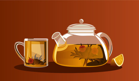 Tea with lemon, brewed tea in a kettle, tea party, brewed tea, teapot with a cup, Vector illustration.のイラスト素材