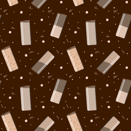Seamless pattern of jars with cereals, beans, grains, nuts and seeds for kitchen storage. Hand drawn cartoon vector illustration. Isolated on white background.の写真素材