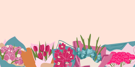 Background with bouquets of flowers, Valentines Day, Women s Day, Mother s Day design in flat style. Festive background, banner, greeting card, and flyer, Vector illustration.のイラスト素材