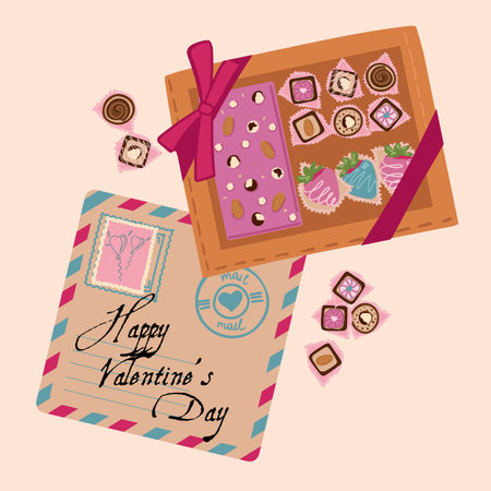 Happy Valentines Day greeting card. box of strawberries in chocolate and chocolates, flat style. Vector illustration.のイラスト素材