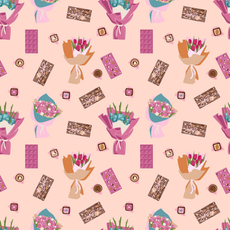Valentine s Day seamless pattern with a beautiful bouquet. For Valentine s day concept. Print for packaging paper, menu design, websites, textiles, etc.のイラスト素材
