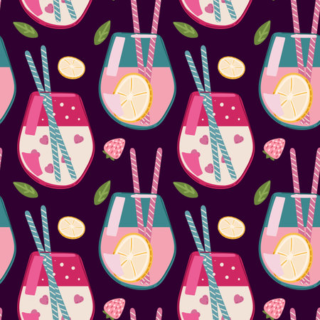 Cocktails seamless pattern. Repeating design element for printing on fabric. Symbol of summer season and hot weather. Refreshing drinks with ice, juice and soda. Cartoon flat vector illustration.のイラスト素材