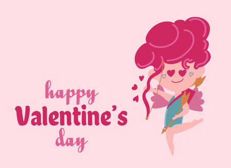 Happy Valentine s Day poster with angel cupid, hearts, and confetti. Festive background for February 14 with hand lettering. Vector design for postcards, advertising material, and websites.のイラスト素材