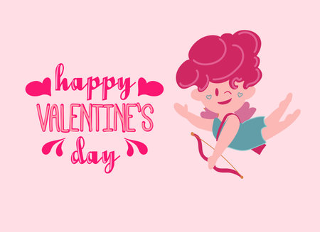 Happy Valentine s Day poster with angel cupid, hearts, and confetti. Festive background for February 14 with hand lettering. Vector design for postcards, advertising material, and websites.のイラスト素材