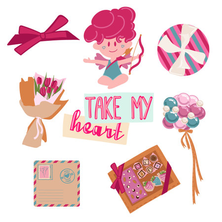 Valentine s day element. Cupid, flowers, bow, gift, envelope, inflatable balloons, a box of chocolates., and others for decorative. Sticker cartoon style Vector illustrationのイラスト素材