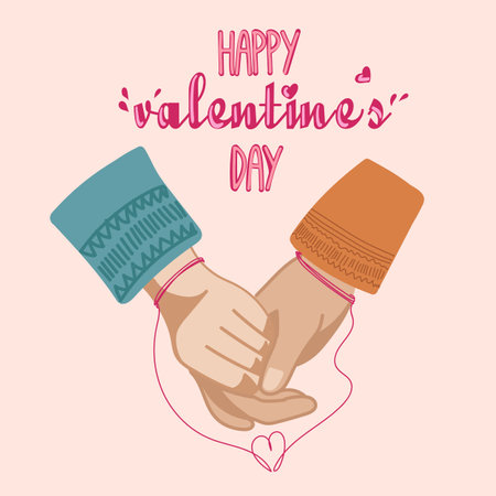 Valentine s Day Love and February 14. Vector cute illustrations. Postcard with hands tied with red thread. Drawings for a postcard, poster, or card.のイラスト素材