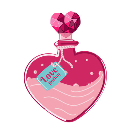 love potion. Rpg fantasy magic spell heart elixir. Chemistry glass bulb, pink liquid. Witch alchemy bottle, love vial. Aphrodisiac flask. Love formula. Marriage love potion, Vector illustration.のイラスト素材