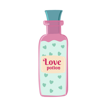 love potion. Rpg fantasy magic spell heart elixir. Chemistry glass bulb, pink liquid. Witch alchemy bottle, love vial. Aphrodisiac flask. Love formula. Marriage love potion, Vector illustration.のイラスト素材
