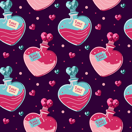 Love potion seamless pattern. Hand draw cartoon magic bottles. Witchcraft symbols texture. Halloween design. Perfect for wrap paper, wallpaper, background and seasonal textile, Vector illustrationのイラスト素材
