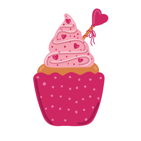 Valentine cupcake icon with heart shaped cherry in flat style isolated on white background. Love concept, Vector illustration.のイラスト素材