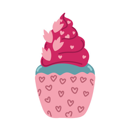 Valentine cupcake icon with heart shaped cherry in flat style isolated on white background. Love concept, Vector illustration.のイラスト素材