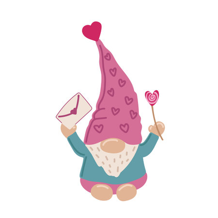Cute Valentime Gnome with heart in the red hat for Valentine s day cards, gifts, t-shirts, mugs, stickers, scrapbooking crafts and design.のイラスト素材