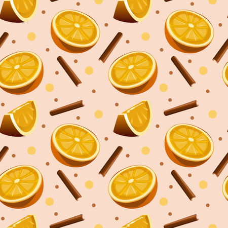 Spicy tea pattern. Spiced tea seamless background. Cartoon cinnamon and orange. Chai tea print. Packaging, menu design, and interior decorating. Vector illustration.のイラスト素材