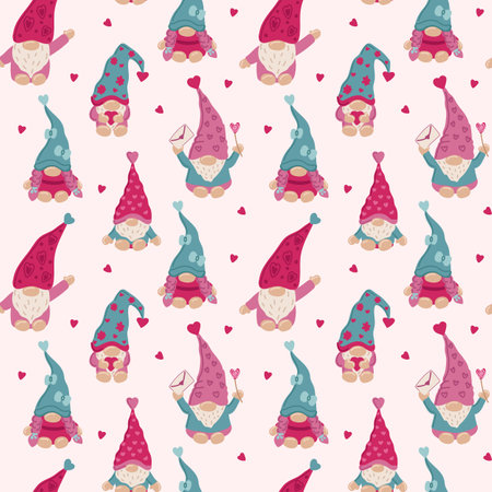 Seamless pattern with gnomes. Vector texture illustration for valentine s day and other holidays for postcard, textile, decor, paper, texture, and wrapping.のイラスト素材