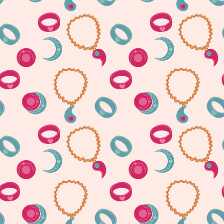 Jewelry seamless pattern, line illustration. Vector flat icons of jewels accessories gold engagement rings, diamond, pearl necklaces, charms, watches. Fashion store repeated background.のイラスト素材