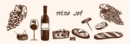 Time for wine vector hand drawn sketch illustration. Bottle, cheese, grape vine, cork, corkscrew, isolated on white background. Doodle vintage design elements set.のイラスト素材
