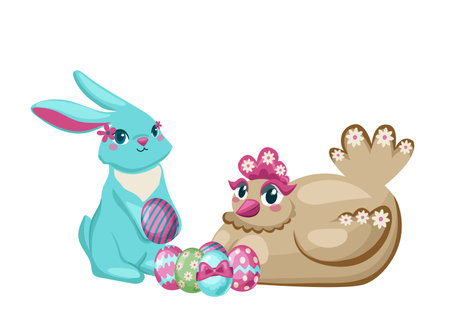 chicken and rabbit with an easter egg. Vector illustration isolated on white backgroundのイラスト素材