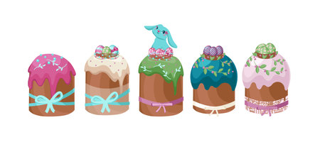 Eastern traditional orthodox easter cakes set of sweet dishes decorated with white glaze candied fruits and colorful candies isolated. vector illustrationのイラスト素材