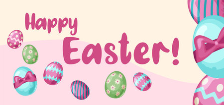 Happy Easter banner, poster, greeting card. Trendy Easter design with typography, bunnies, flowers, eggs.のイラスト素材