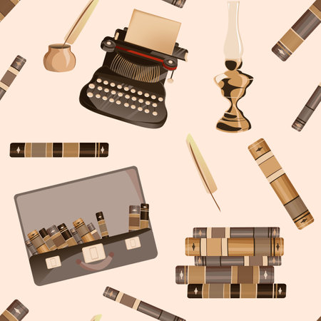 Seamless pattern with typewriters, sheets of paper, and elements of writing. Colorful illustration with hand drawn objects. Decorative wallpaper, good for printingのイラスト素材