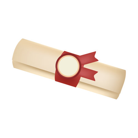 Diploma, close up of paper scroll with yellow ribbon isolated on white background. Graduation Degree Scroll with Medal. Education certificate graduation scroll icon. 3D vector illustrationのイラスト素材
