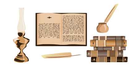 Set education. Inkwell with feather, a pile of old books, glasses, candle. Isolated on white background. Vector color vintage engraving illustration.のイラスト素材