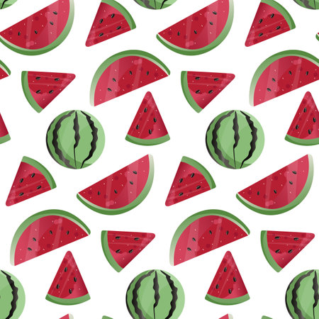 Watermelon vector Seamless pattern. Watermelon, whole, sliced, halves, slices, quarters, seeds, inflorescence, and leaves for fabric, tablecloth kitchen textiles for clothing and wrapping paperのイラスト素材