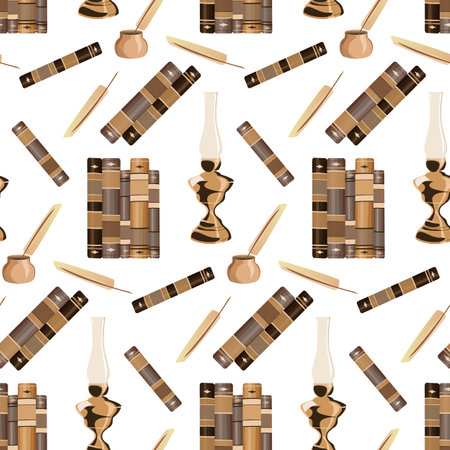 Seamless pattern of hand drawn sketch style books, feather pen, and pocket watches isolated on white background. Vector illustration.のイラスト素材