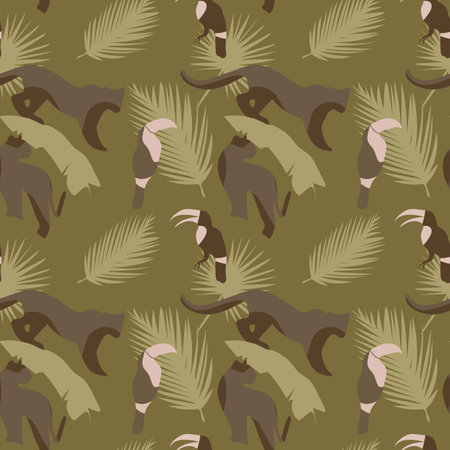 Cartoon Jaguar and Palm Vector Seamless Pattern. Fabric Leopard and Leaf Print. Summer Background. Tiger and Leaves Bright Abstract Illustrationのイラスト素材