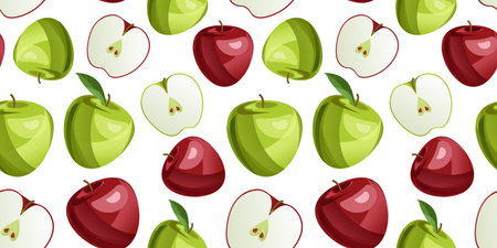 Flying juicy apples, seamless pattern background with whole and sliced fruit with leaves. Vector contrast pattern for fabrics, wallpapers, and your creativity.のイラスト素材