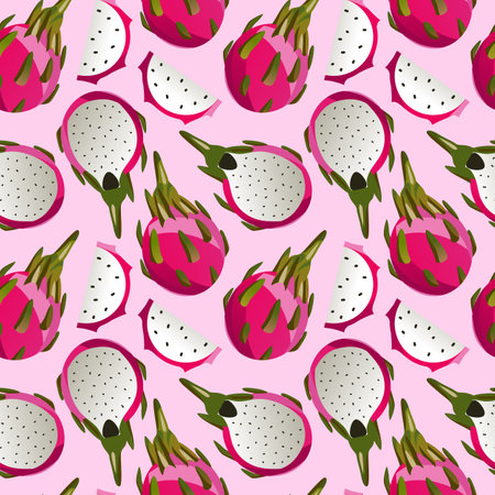 Exotic fruit seamless pattern with dragon fruit on dark background. Hand drawn summer tropic fruit texture. Vector fruit illustration. For textiles, clothing, bed linen, office supplies.のイラスト素材