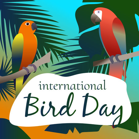 International bird day card and poster, Vector illustration. Parrots sitting on branches with tropical leaves.のイラスト素材