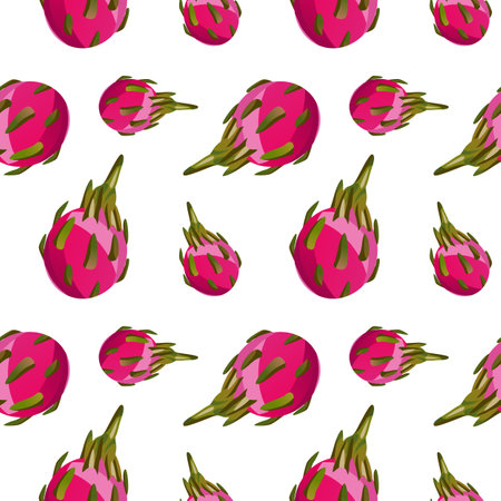 Exotic fruit seamless pattern with dragon fruit on dark background. Hand drawn summer tropic fruit texture. Vector fruit illustration. For textiles, clothing, bed linen, office supplies.のイラスト素材