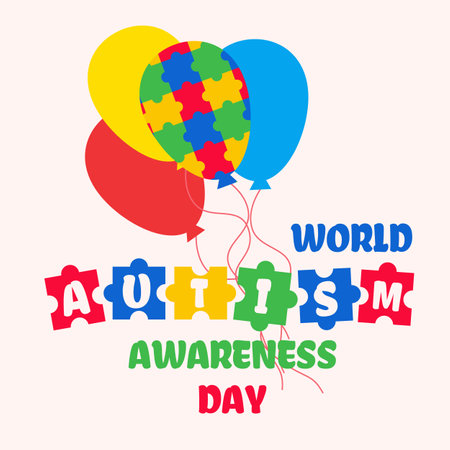 World Autism Day awareness poster with a colorful balloon made of puzzle pieces flying away from the row of red balloons. Standing out of the crowd. Vector illustrationのイラスト素材
