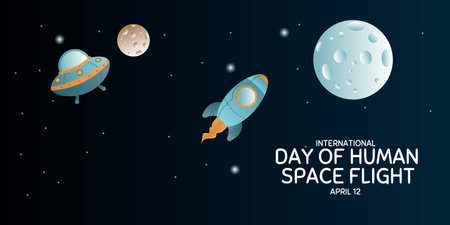 International day human space flight. 12 April Cosmonautics Day banner with rocket. Horizontal web bannerのイラスト素材