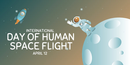 International day human space flight. 12 April Cosmonautics Day banner with rocket. Horizontal web bannerのイラスト素材