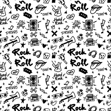 Rock n Roll seamless pattern. Black-white print for textiles, backgrounds, printing. Grunge style, hand lettered, vector illustration.のイラスト素材