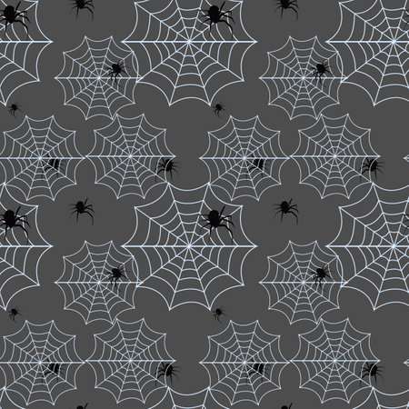 Seamless pattern with spider web. Halloween decoration with cobweb. Spiderweb flat vector illustration. Horror, fear, creepy cartoon art concept. Outline sketch on black background.のイラスト素材