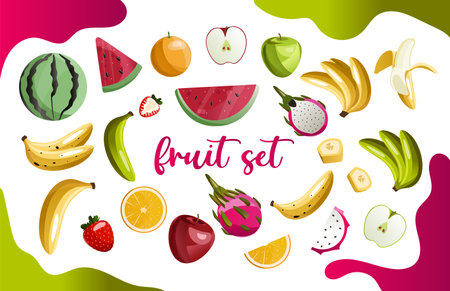 Fruit collection in flat hand drawn style illustrations. Tropical fruit and graphic design elements. Ingredients color cliparts. Sketch style ingredients. Isolated scandinavian cartoon itemsのイラスト素材