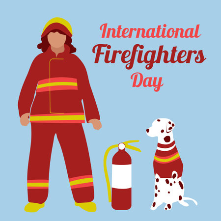 International firefighter day poster vector template. Professional holiday celebration. Brochure, cover, booklet page concept design with flat illustrations. Advertising flyer, leaflet, banner layout.のイラスト素材
