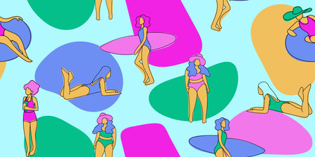 Summer beach seamless pattern in vector. Surf illustration in retro mid century styleのイラスト素材
