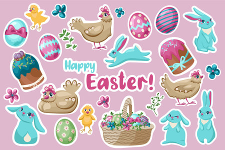Set of stickers for the spring Easter holiday is isolated on pink. Collection of symbols with flowers, rabbits, eggs, floral elements, and flowers for decoration of cards, and posters. Vector illustration.のイラスト素材